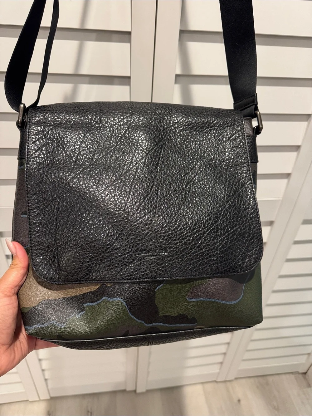 Coach Black Pebbled Leather Messenger Bag with Green Camo Panel
